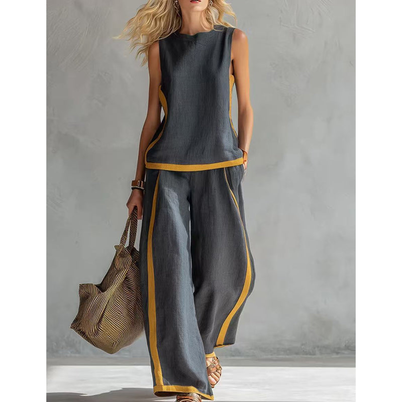 🎨 50% DE RÉDUCTION! 👗 Ensemble décontracté sans manches & pantalon large – Blocs de couleur, tissu fluide & style moderne – Parfait pour un look tendance et confortable 🌿