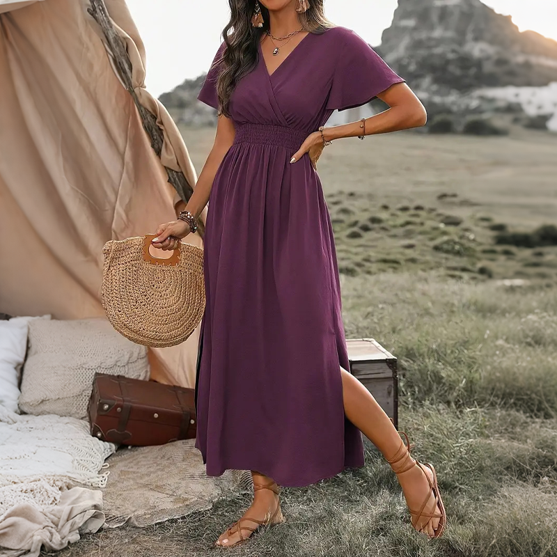 🌿☀️👡 OFFRE LIMITÉE 60% DE RÉDUCTION! Robe Respirante à Col V et Fente Latérale – Tissu Rayonne Doux, Coupe Aérée, Facile à Habiller ou Décontracter – Idéale pour les Jours Chauds, le Brunch ou les Courses Quotidiennes 👒