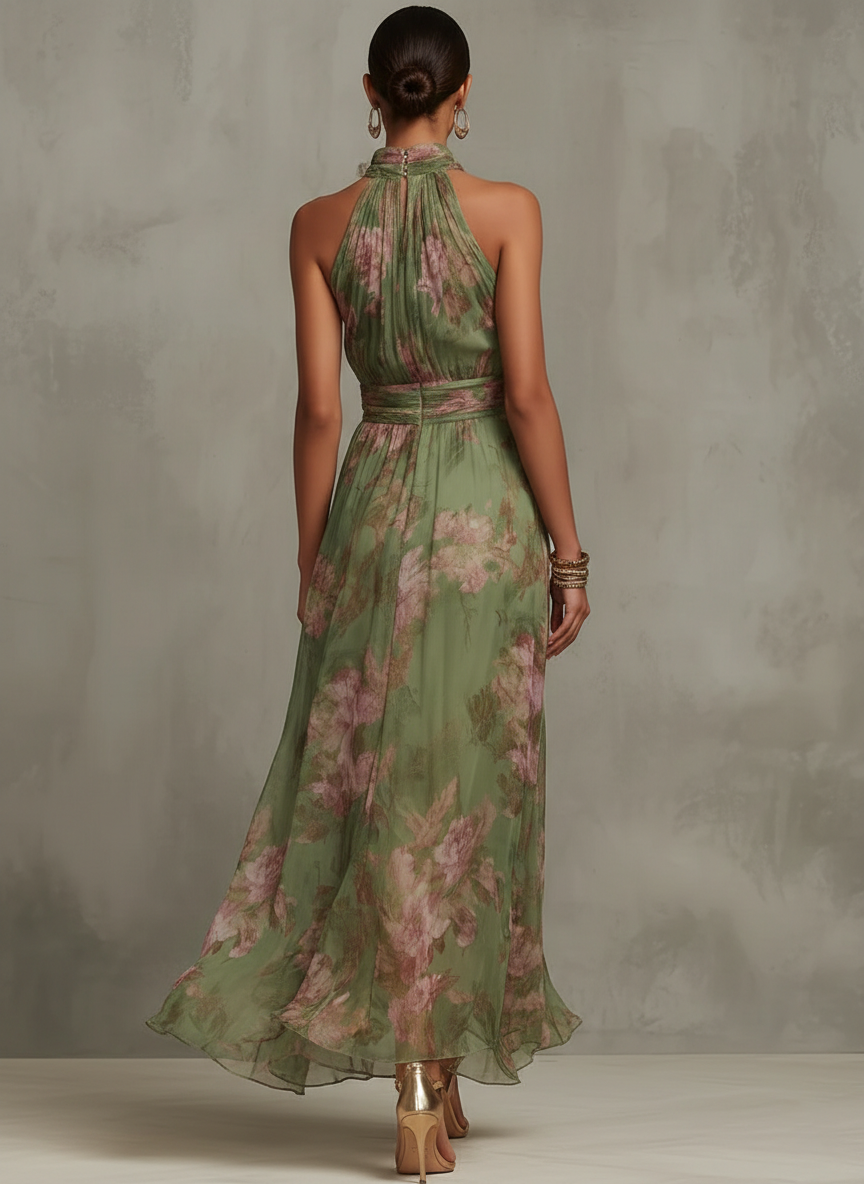 Livia | Elegante vestido largo halter con estampado floral