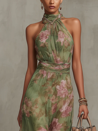 Livia | Elegante vestido largo halter con estampado floral