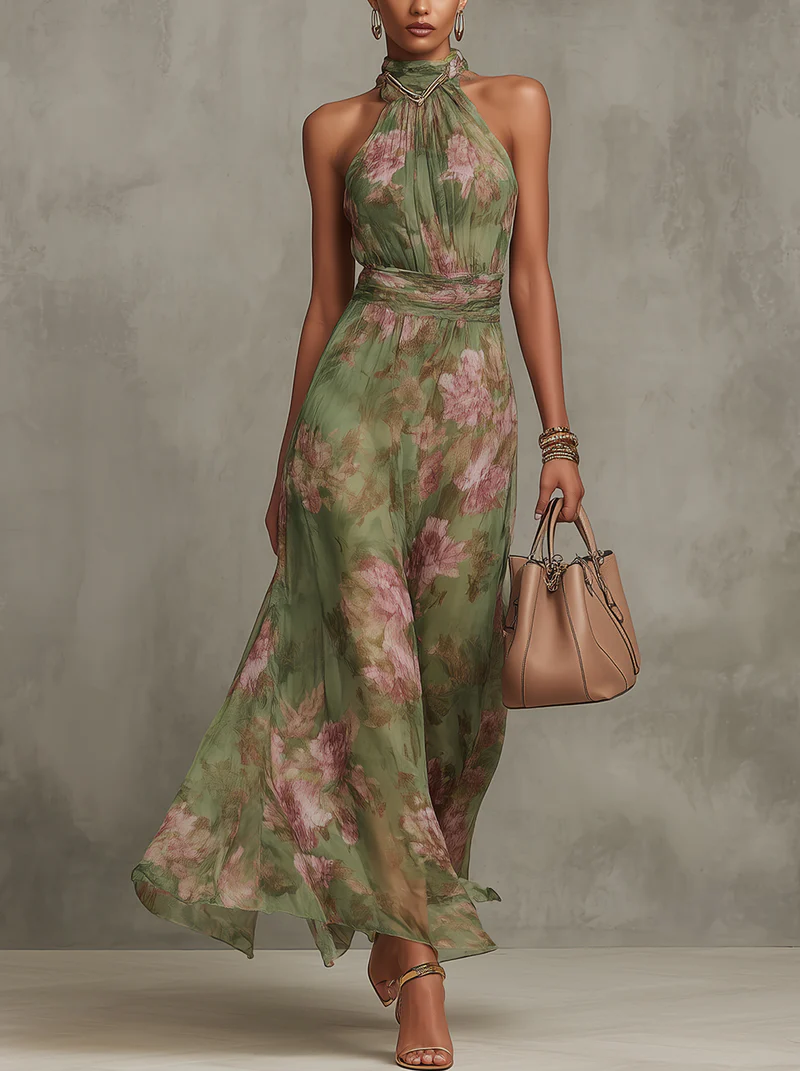 Livia | Elegante vestido largo halter con estampado floral