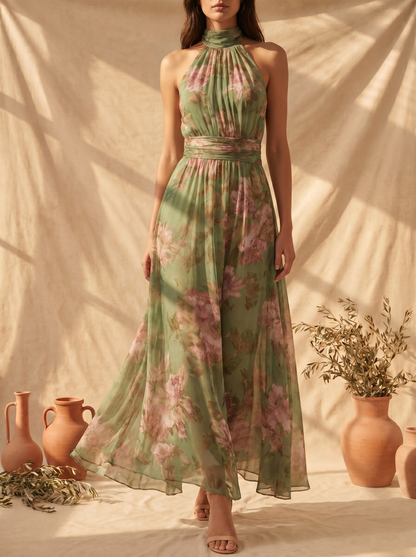 Livia | Elegante vestido largo halter con estampado floral