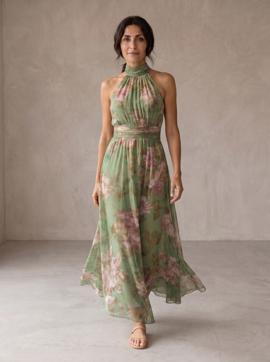 Livia | Elegante vestido largo halter con estampado floral