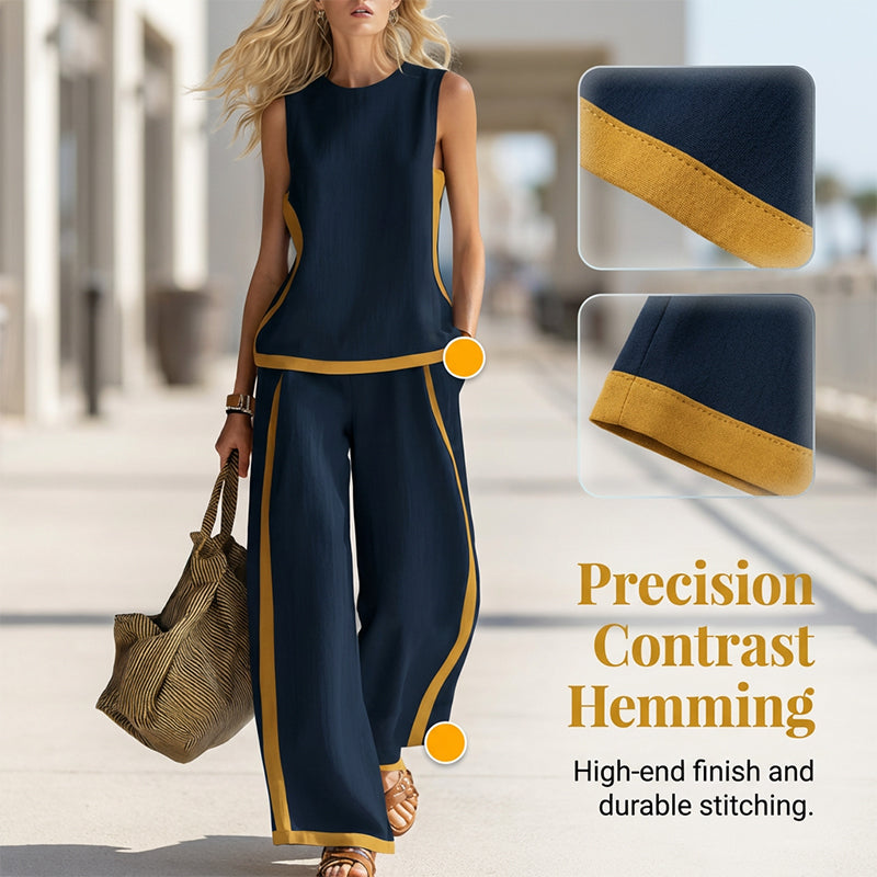 🎨 50% DE RÉDUCTION! 👗 Ensemble décontracté sans manches & pantalon large – Blocs de couleur, tissu fluide & style moderne – Parfait pour un look tendance et confortable 🌿