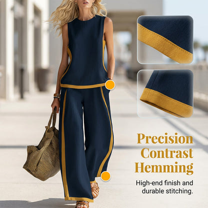 🎨 50% DE RÉDUCTION! 👗 Ensemble décontracté sans manches & pantalon large – Blocs de couleur, tissu fluide & style moderne – Parfait pour un look tendance et confortable 🌿