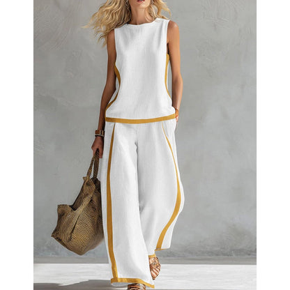 🎨 50% DE RÉDUCTION! 👗 Ensemble décontracté sans manches & pantalon large – Blocs de couleur, tissu fluide & style moderne – Parfait pour un look tendance et confortable 🌿