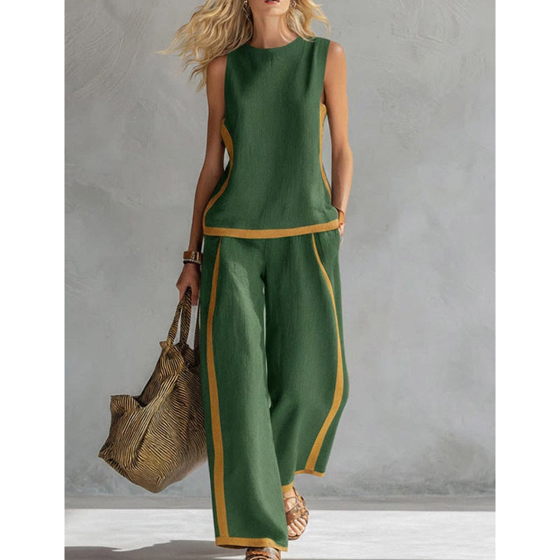 🎨 50% DE RÉDUCTION! 👗 Ensemble décontracté sans manches & pantalon large – Blocs de couleur, tissu fluide & style moderne – Parfait pour un look tendance et confortable 🌿