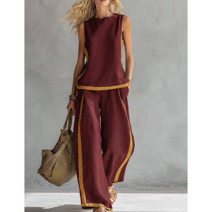 🎨 50% DE RÉDUCTION! 👗 Ensemble décontracté sans manches & pantalon large – Blocs de couleur, tissu fluide & style moderne – Parfait pour un look tendance et confortable 🌿