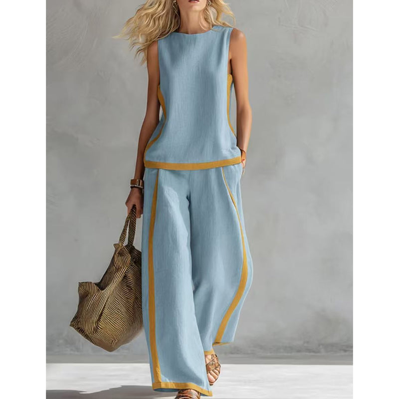 🎨 50% DE RÉDUCTION! 👗 Ensemble décontracté sans manches & pantalon large – Blocs de couleur, tissu fluide & style moderne – Parfait pour un look tendance et confortable 🌿