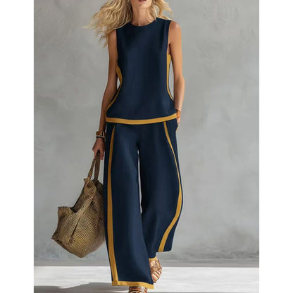 🎨 50% DE RÉDUCTION! 👗 Ensemble décontracté sans manches & pantalon large – Blocs de couleur, tissu fluide & style moderne – Parfait pour un look tendance et confortable 🌿