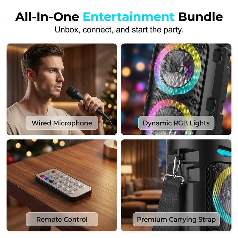 🔊✨ PROMO -50% ! Enceinte Bluetooth Portable 16W – RGB Dynamique Rythme Musique, Micro Filaire Karaoké Inclus, Sangle Réglable, Plein Air Fêtes Camping · Bluetooth 10m · 1800mAh 🎵