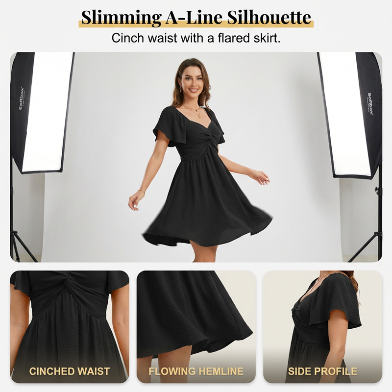 🔥Robe Mini À Manches Bouffantes, Dos Nu et Nœud