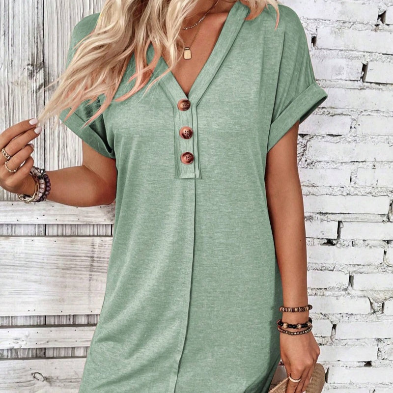 📢 PROMO LIMITÉE -50% ! ✨ Robe Femme Col V Boutons Manches Retroussées – Tissu Respirant Qualité, Coupe Flatteuse, 5 Couleurs Intemporelles · S–XL · Jour & Soir 🌸