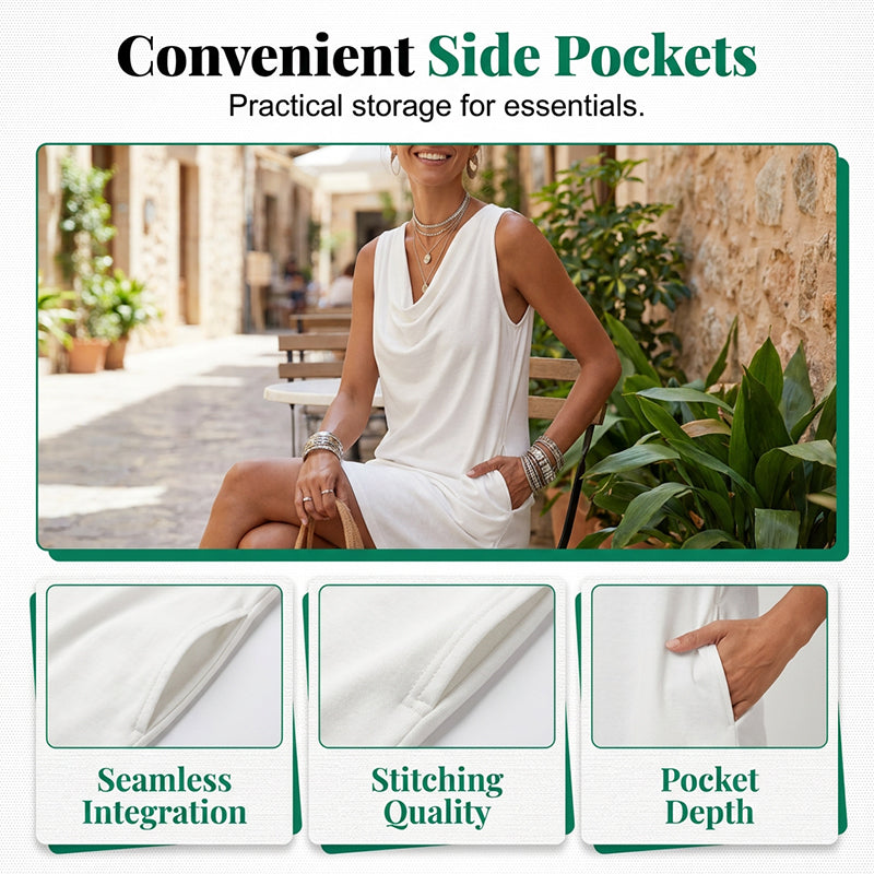 👗 PROMO LIMITÉE 50% DE RÉDUCTION ! 💥 Robe Slim Fit Col Bénitier – Sans Manches, Poches Latérales, Polyvalente ✨