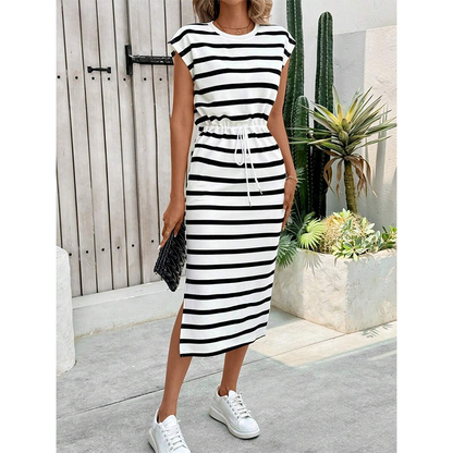 📢📢40% DE RÉDUCTION !! ⏰Robe Midi Rayée Femme à Taille Cordon et Fente