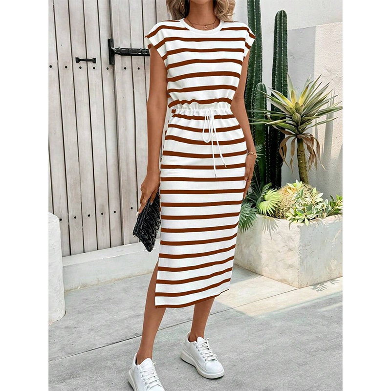 📢📢40% DE RÉDUCTION !! ⏰Robe Midi Rayée Femme à Taille Cordon et Fente
