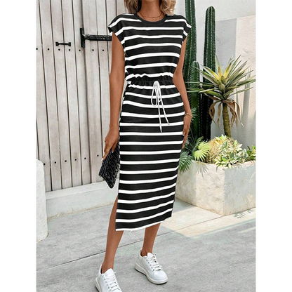 📢📢40% DE RÉDUCTION !! ⏰Robe Midi Rayée Femme à Taille Cordon et Fente