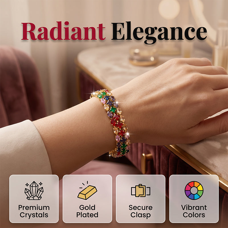 📢📢40% DE RÉDUCTION !! ⏰ Bracelet tennis multicolore élégant pour femme – Strass & finition dorée – Lumineux, raffiné & polyvalent – parfait pour le quotidien ou les occasions spéciales ✨💖🌿