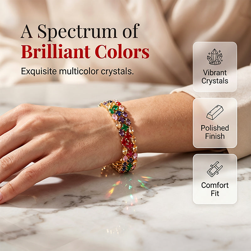 📢📢40% DE RÉDUCTION !! ⏰ Bracelet tennis multicolore élégant pour femme – Strass & finition dorée – Lumineux, raffiné & polyvalent – parfait pour le quotidien ou les occasions spéciales ✨💖🌿