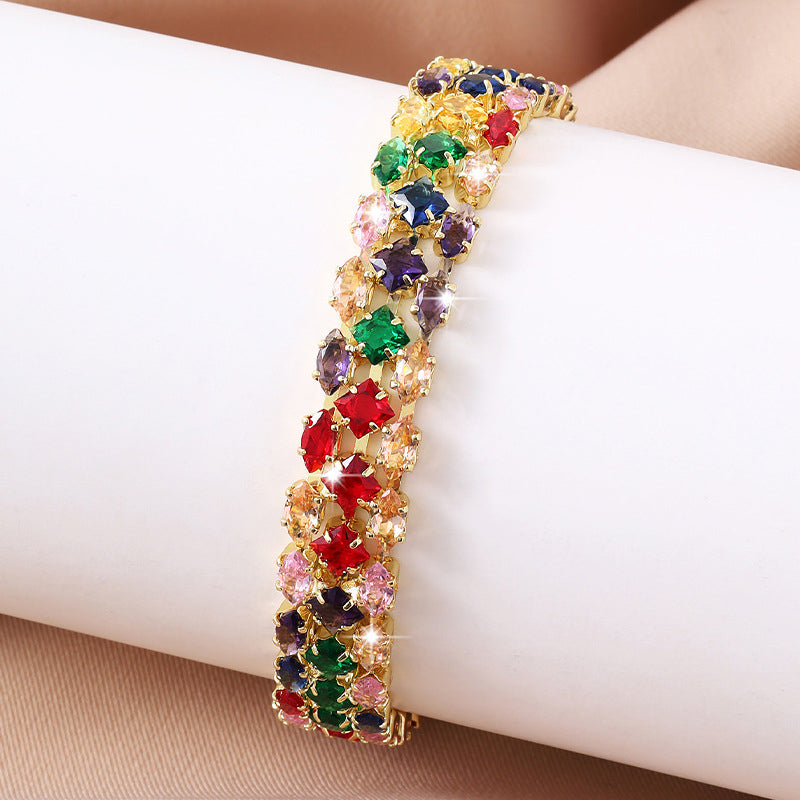 📢📢40% DE RÉDUCTION !! ⏰ Bracelet tennis multicolore élégant pour femme – Strass & finition dorée – Lumineux, raffiné & polyvalent – parfait pour le quotidien ou les occasions spéciales ✨💖🌿