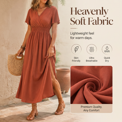 🌿☀️👡 OFFRE LIMITÉE 60% DE RÉDUCTION! Robe Respirante à Col V et Fente Latérale – Tissu Rayonne Doux, Coupe Aérée, Facile à Habiller ou Décontracter – Idéale pour les Jours Chauds, le Brunch ou les Courses Quotidiennes 👒