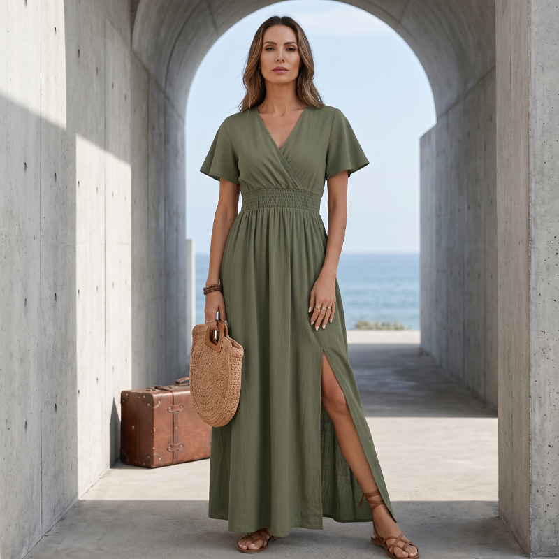 🌿☀️👡 OFFRE LIMITÉE 60% DE RÉDUCTION! Robe Respirante à Col V et Fente Latérale – Tissu Rayonne Doux, Coupe Aérée, Facile à Habiller ou Décontracter – Idéale pour les Jours Chauds, le Brunch ou les Courses Quotidiennes 👒