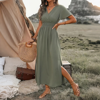 🌿☀️👡 OFFRE LIMITÉE 60% DE RÉDUCTION! Robe Respirante à Col V et Fente Latérale – Tissu Rayonne Doux, Coupe Aérée, Facile à Habiller ou Décontracter – Idéale pour les Jours Chauds, le Brunch ou les Courses Quotidiennes 👒