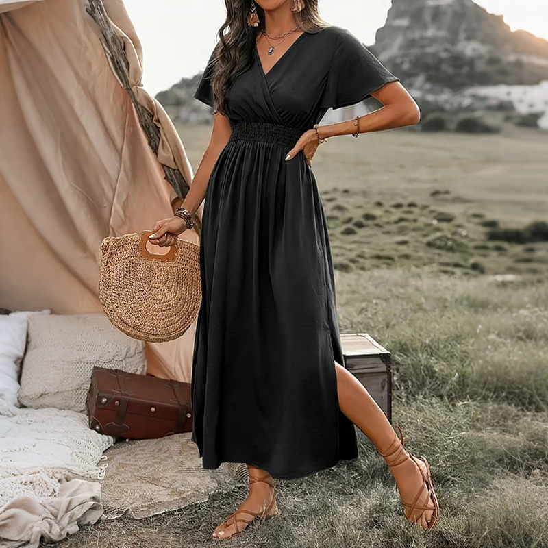 🌿☀️👡 OFFRE LIMITÉE 60% DE RÉDUCTION! Robe Respirante à Col V et Fente Latérale – Tissu Rayonne Doux, Coupe Aérée, Facile à Habiller ou Décontracter – Idéale pour les Jours Chauds, le Brunch ou les Courses Quotidiennes 👒