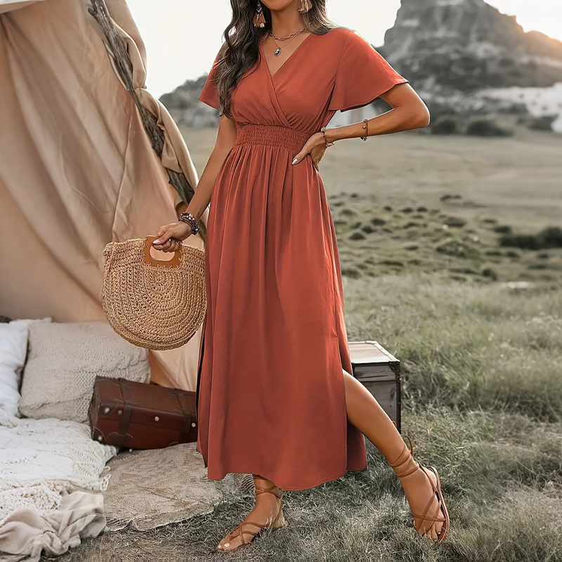 🌿☀️👡 OFFRE LIMITÉE 60% DE RÉDUCTION! Robe Respirante à Col V et Fente Latérale – Tissu Rayonne Doux, Coupe Aérée, Facile à Habiller ou Décontracter – Idéale pour les Jours Chauds, le Brunch ou les Courses Quotidiennes 👒
