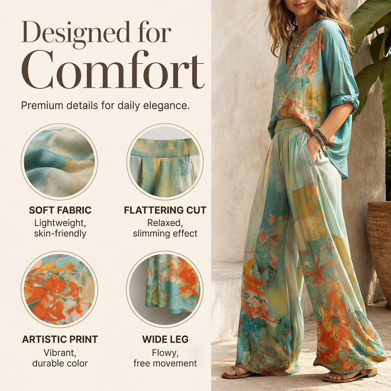 👗 50% DE RÉDUCTION 🎨 Ensemble top imprimé artistique col V & pantalon large – Tissu fluide & look moderne – Parfait pour l’été, les vacances ou un style bohème chic – confortable et original 🌸✨🌿