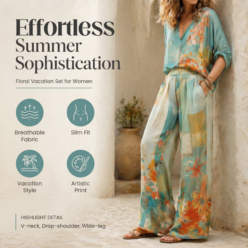👗 50% DE RÉDUCTION 🎨 Ensemble top imprimé artistique col V & pantalon large – Tissu fluide & look moderne – Parfait pour l’été, les vacances ou un style bohème chic – confortable et original 🌸✨🌿