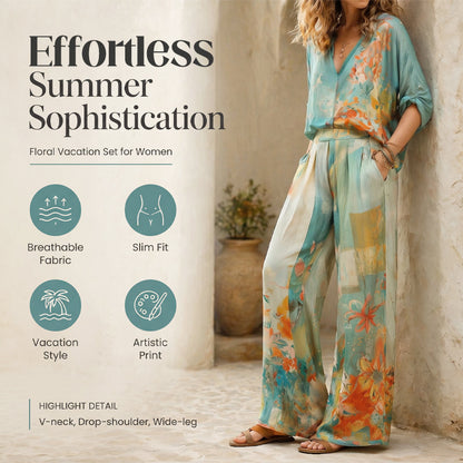 👗 50% DE RÉDUCTION 🎨 Ensemble top imprimé artistique col V & pantalon large – Tissu fluide & look moderne – Parfait pour l’été, les vacances ou un style bohème chic – confortable et original 🌸✨🌿