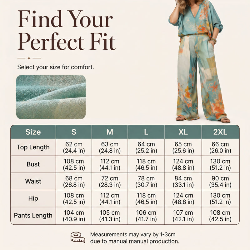 👗 50% DE RÉDUCTION 🎨 Ensemble top imprimé artistique col V & pantalon large – Tissu fluide & look moderne – Parfait pour l’été, les vacances ou un style bohème chic – confortable et original 🌸✨🌿