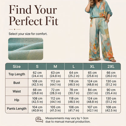 👗 50% DE RÉDUCTION 🎨 Ensemble top imprimé artistique col V & pantalon large – Tissu fluide & look moderne – Parfait pour l’été, les vacances ou un style bohème chic – confortable et original 🌸✨🌿