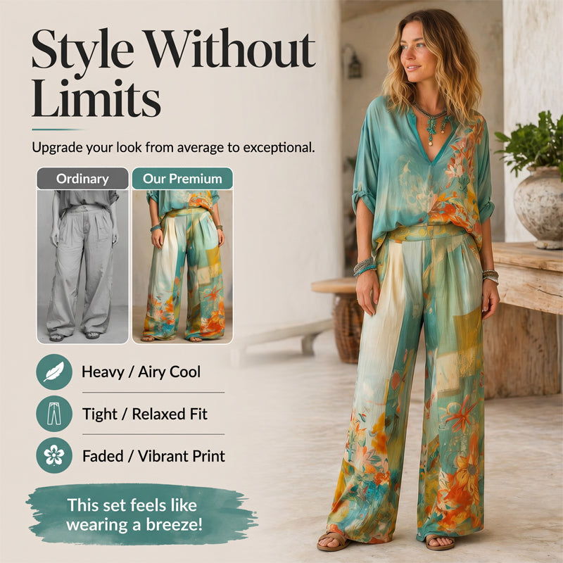 👗 50% DE RÉDUCTION 🎨 Ensemble top imprimé artistique col V & pantalon large – Tissu fluide & look moderne – Parfait pour l’été, les vacances ou un style bohème chic – confortable et original 🌸✨🌿