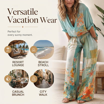 👗 50% DE RÉDUCTION 🎨 Ensemble top imprimé artistique col V & pantalon large – Tissu fluide & look moderne – Parfait pour l’été, les vacances ou un style bohème chic – confortable et original 🌸✨🌿