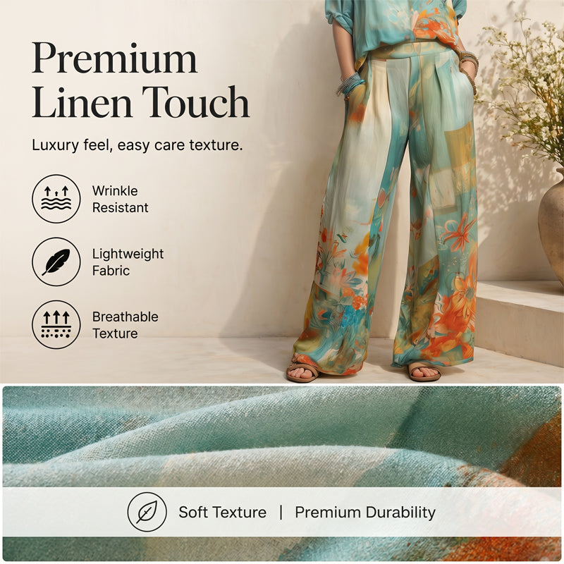 👗 50% DE RÉDUCTION 🎨 Ensemble top imprimé artistique col V & pantalon large – Tissu fluide & look moderne – Parfait pour l’été, les vacances ou un style bohème chic – confortable et original 🌸✨🌿