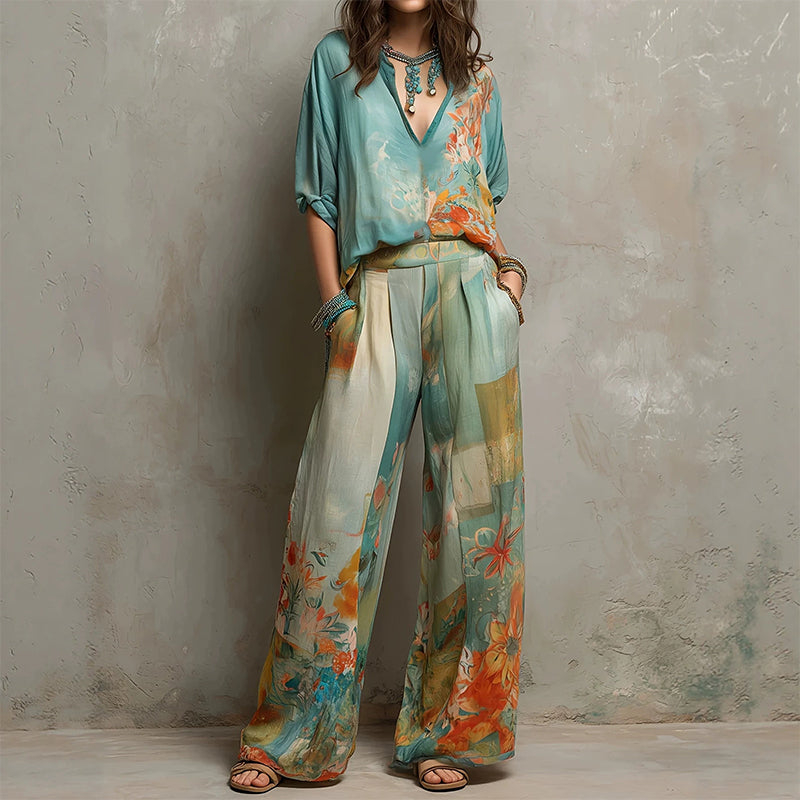 👗 50% DE RÉDUCTION 🎨 Ensemble top imprimé artistique col V & pantalon large – Tissu fluide & look moderne – Parfait pour l’été, les vacances ou un style bohème chic – confortable et original 🌸✨🌿