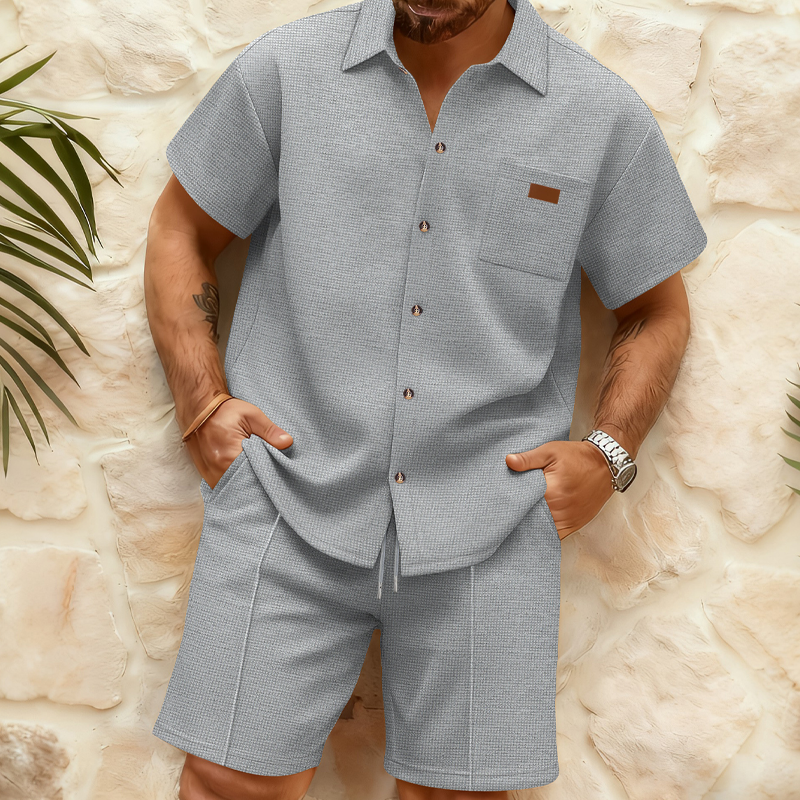 📢📢40% DE RÉDUCTION !! ⏰Ensemble Chemise & Short en Maille Gaufre à Manches Courtes pour Homme