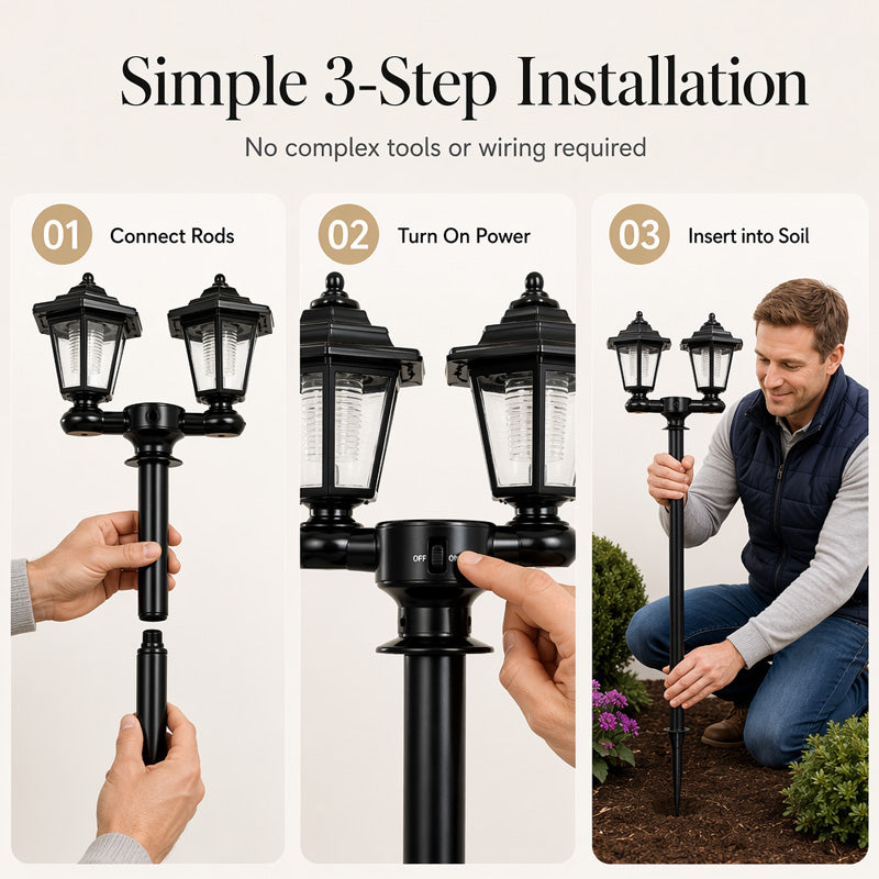 📢📢40% DE RÉDUCTION !! ⏰Lampadaire Solaire Rétro de Jardin À Double Tête Hexagonale pour Extérieur