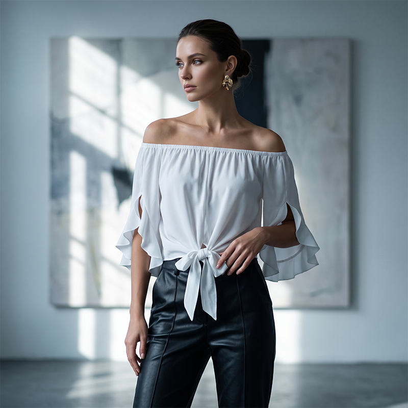 📢📢40% DE RÉDUCTION !! ⏰Women Casual Off Shoulder Sweet Bow Tie Front Summer Blouse