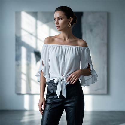 📢📢40% DE RÉDUCTION !! ⏰Women Casual Off Shoulder Sweet Bow Tie Front Summer Blouse