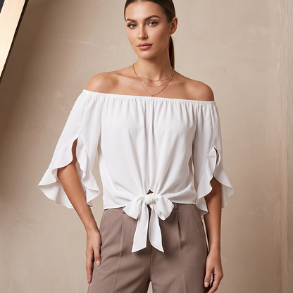 📢📢40% DE RÉDUCTION !! ⏰Women Casual Off Shoulder Sweet Bow Tie Front Summer Blouse